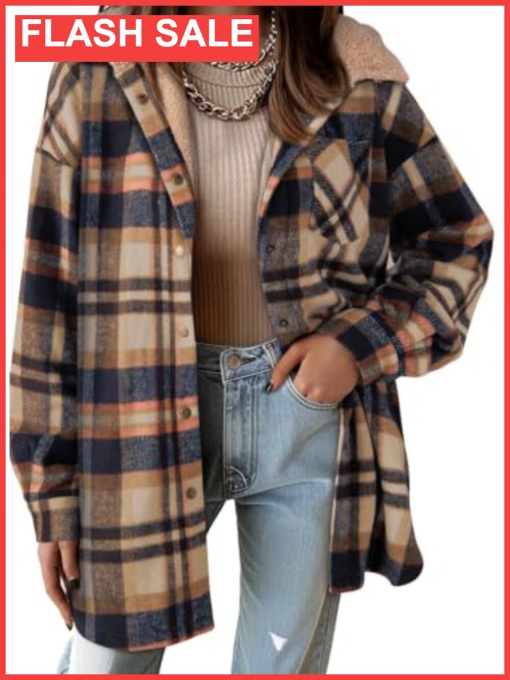 Dokotoo Women's Oversized Plaid Flannel Hooded Shacket Fleece Jacket